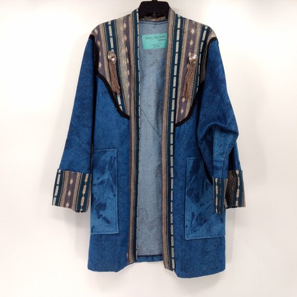 MARY REYNOLDS DESIGN Jacket M/L Blue Textured Denim Western Open Duster Tassel - Picture 1 of 15